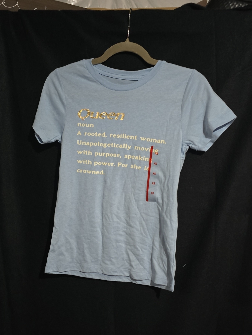 Target Light Blue Women's 'Queen' Short Sleeve Graphic Tee with Gold Text
